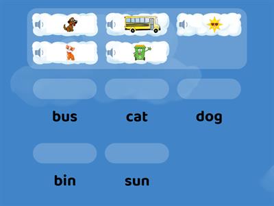 Five vocabularies of Three letter phonic words: cat, sun, bin, dog, bus