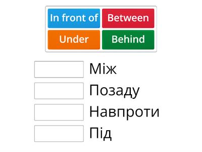 under, behind, between, in front of 