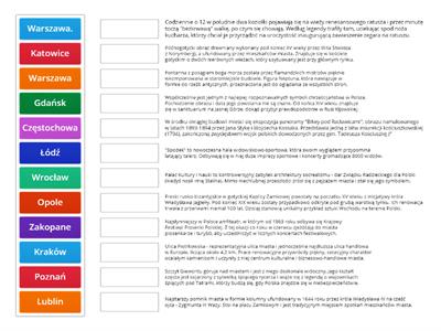 Proszę dopasować informacje o miejsach lub zabytkach do nazw miast.