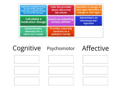 Drop and drag the examples of student learning activities to identify them as  cognitive, psychomotor or affective