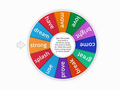 Spellings - Sentence word chooser. Spin the wheel and write a sentence using the word it lands on.