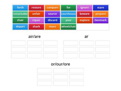 r-Controlled Vowels (air/are; ar; or/our/ore)