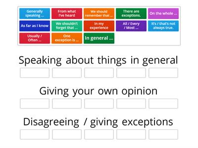 Speaking about things in general, giving your own opinion , disagreeing and giving exceptions