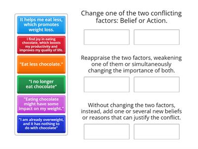 Ways to resolve cognitive dissonance: “Eating chocolate”  VS  “Gaining weight”