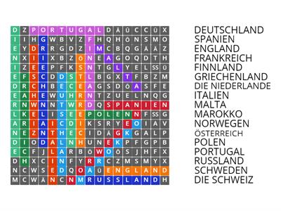 Länder Buchstabensalat und Wörterpuzzle