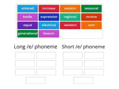 Sort the following words into short /e/ or long /e/ phoneme words