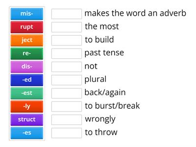 Match the prefix/root word/suffix with its definition