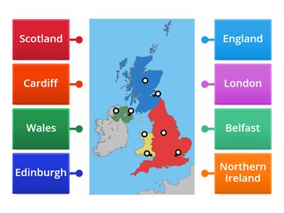Label the countries and capitals of the UK