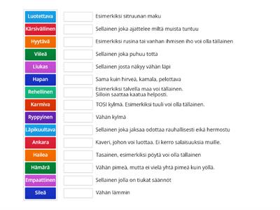 Yhdistä adjektiivi ja sen selitys