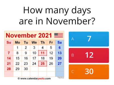 November 2021 Calendar Quiz