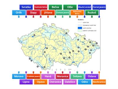 Vodstvo ČR - říční síť - povodí Moravy a Odry, vodní plochy