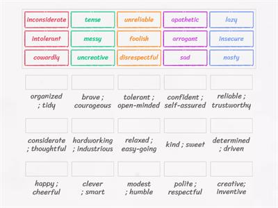 Antonymes - adjectifs personnalité - Anglais