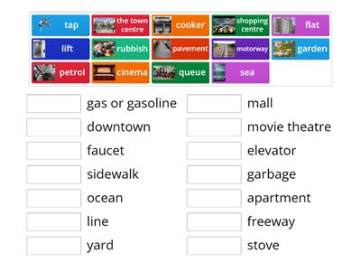 Match the words in British English with their American equivalents.