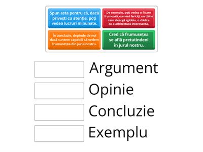 Asociați enunțutile din coloana din stânga cu substantivele din dreapta ce denumesc părțile unui text argumentativ.