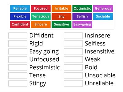 Character adjectives and opposites