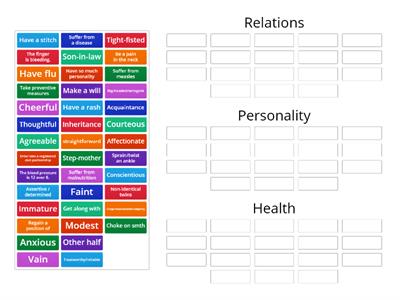 Vocabulary categorizing - health, personality, relationships 