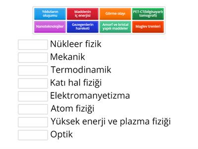 Fiziğin alt dallarını uğraş alanlarıyla eşleştiriniz.