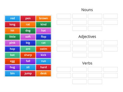 Sort into Nouns, Adjectives and Verbs