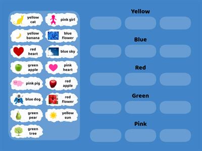 Happy Hearts Starter sort the  words colours (red, yellow, green, blue, pink)