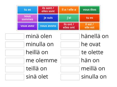 J'aime 1, U1, 9. Yhdistä être ja avoir -verbien muodot ja suomennokset