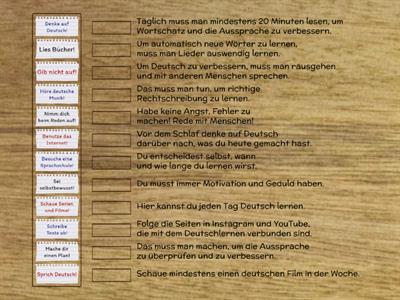 12 Tipps, um schnell Deutsch zu lernen. Was passt zusammen?
