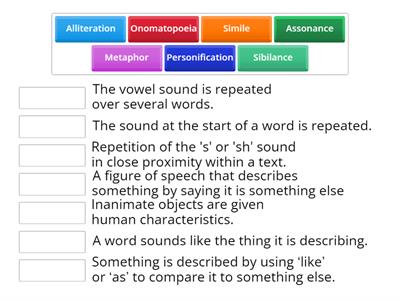 definitions metaphor simile personification onomatopoeia assonance alliteration sibilance