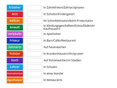 Füge die Berufe zu ihren Arbeitsorten passenden zusammen