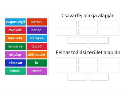 Csoportosítsa a csavarfajtákat a megadott szempontok szerint!