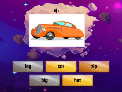 Five vocabularies of Three letter phonic words: car, leg, zip, hut, big