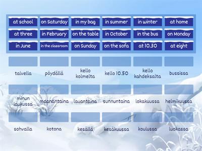 Prepositions of place and time (in, on, at) (englanti-suomi)