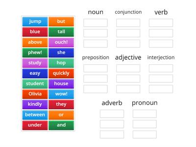 Parts of Speech sort (8 parts - noun, pronoun, verb, adverb, adjective, conjunction, interjection)