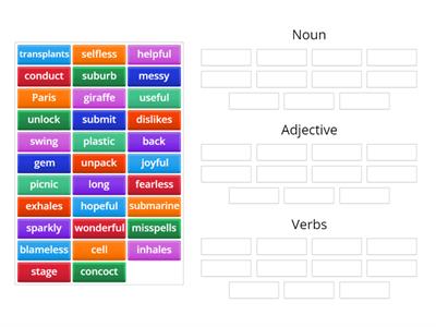 Noun , Adjective or Verb?  Remember: noun= person,place, thing, idea/ adjective = describing word, verb: action 