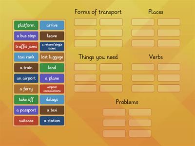 Transport and Travel: Put words into correct categories