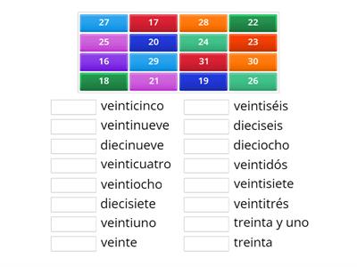 Spanish numbers 16 - 31