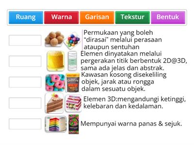 Arahan 3: Isikan jawapan yang betul berdasarkan rajah dan penerangan ELEMEN reka bentuk makanan.