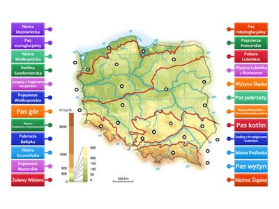 Pasy rzeźby Polski z głównymi krainami geograficznymi