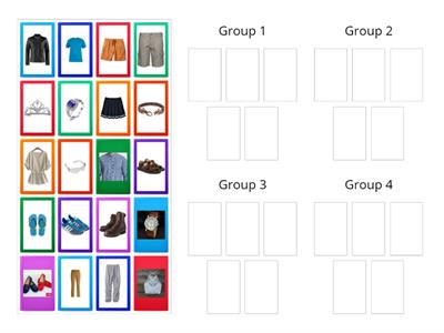 Group the clothing items - Group 1 Accessories  /  Group 2 Tops  / Group 3 Footwear  /  Group 4 Bottoms