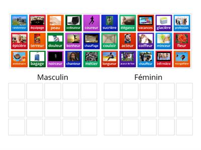 Masculin / féminin (terminaisons) - suffixes -eur, -age, -ière, -aire, -oir, -ier