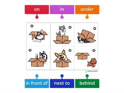 Prepositions in, on, under, behind, in front of, next to