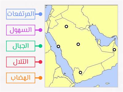 اكتب اسماء التضاريس ( الجبال، التلال، الهضاب، السهول، المرتفعات ) في المكان الصحيح على الخريطة التالية