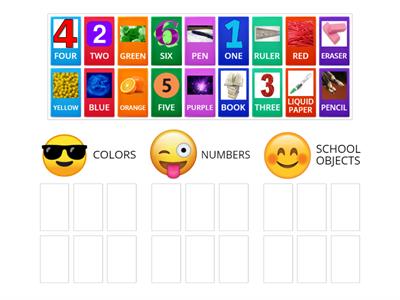 NUMBERS- SCHOOL OBJECTS- COLORS