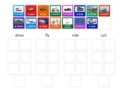  Means of transport + drive, fly, ride, sail