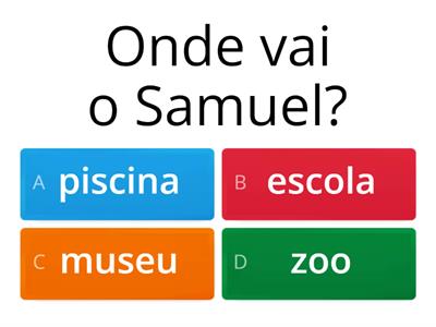 O Samuel vai ao zoo / e lá vê uma zebra. / Ela chama-se Beatriz / e faz o rapaz feliz!