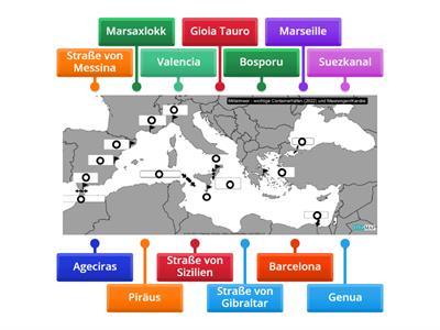Containerhäfen und Schifffahrtsstraßen Ortspunkten zuordnen - Mittelmeer