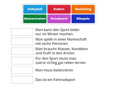 Was passt zu den Sportarten? Verbinde!