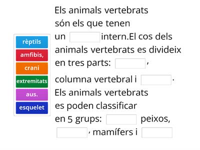 Animals vertebrats: omple els buits