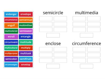 Prefixes: semi- (half, partly), multi- (many), en- (make into), circum- (around)