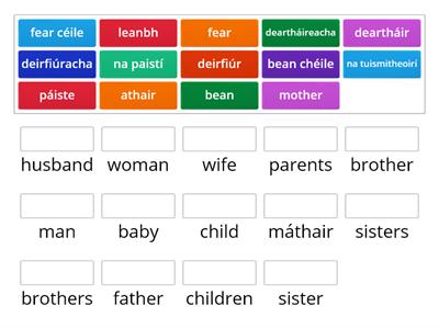 Match the English words to the Irish words
