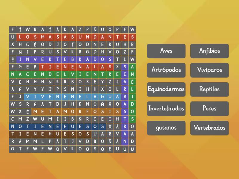 Animales Vertebrados E Invertebrados - Sopa De Letras