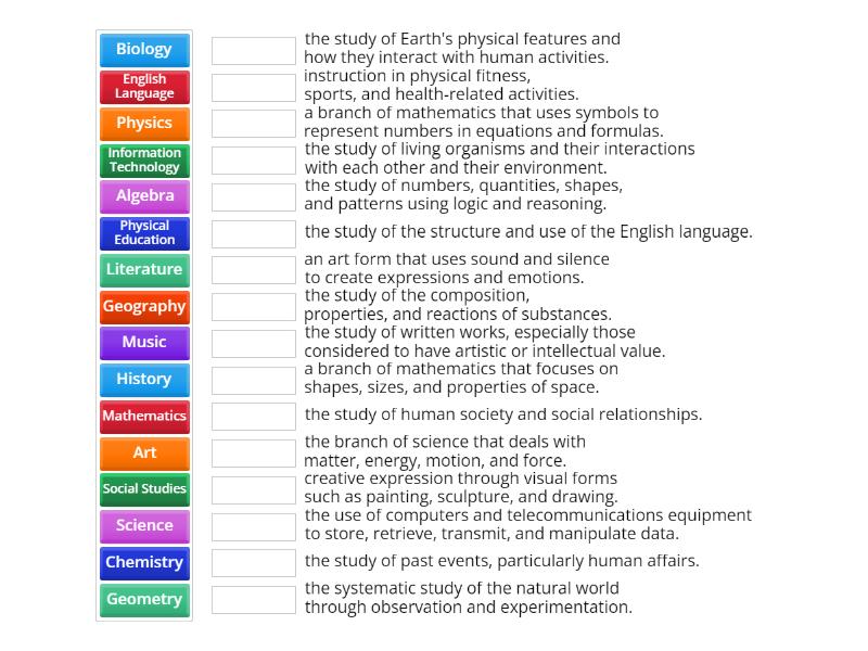 School Subjects - Definitions - Match up
